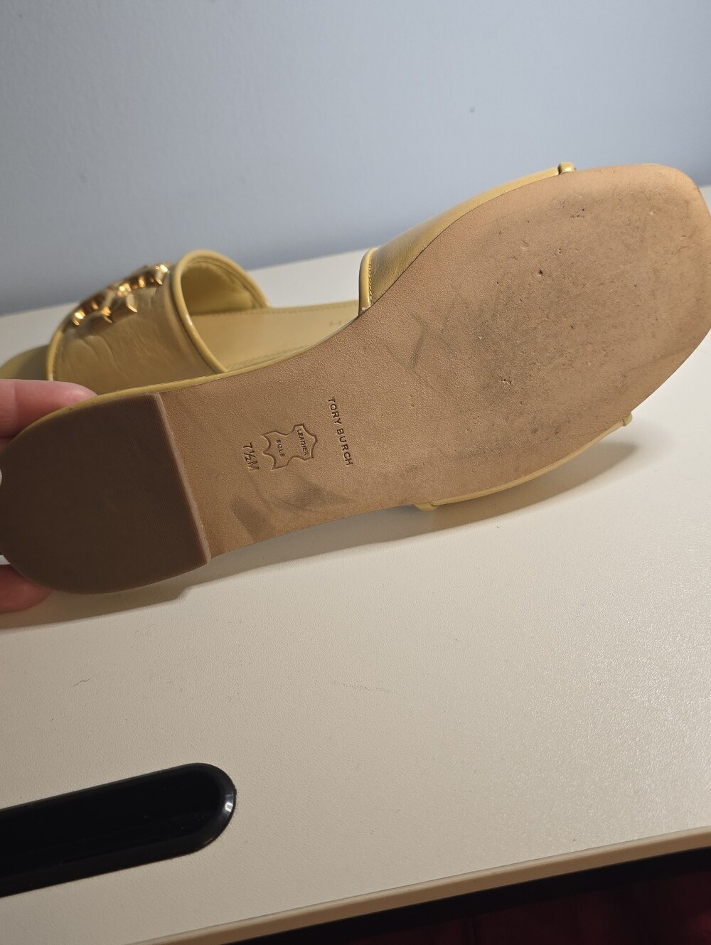 Tory Burch Gold Logo Yellow Eleanor Slide Sandals All Leather 7.5 Medium - Picture 10 of 12